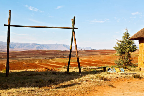  in lesotho  street village near  mountain  