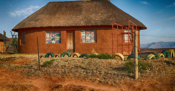  in lesotho  street village near   mountain  