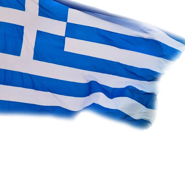 Drapeau grec ondulé blanc dans le ciel bleu et mât de drapeau — Photo