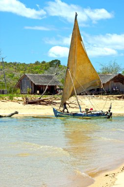 Pirogue plaj deniz yosunu Hint ev gökyüzü ve  