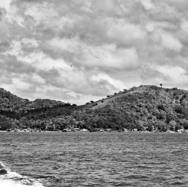 Filipinler 'deki bir tekneden El Nido Palawan yakınlarındaki yılan adasından güzel bir panorama kıyısı denizi ve kaya 
