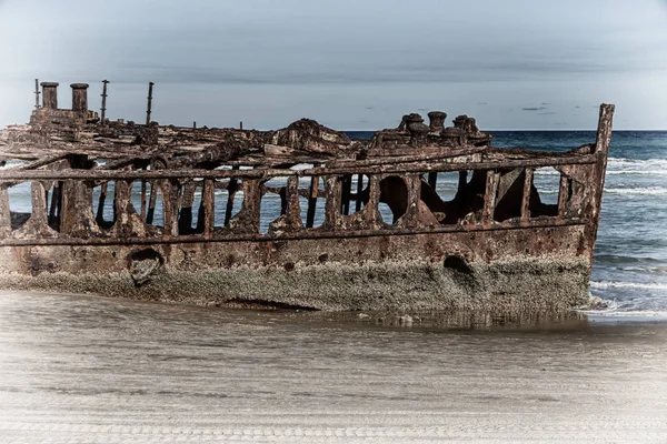 Austrálii Fraser Island Starožitnosti Rezavé Damagede Lodí Korozi Mořském Oceánu — Stock fotografie