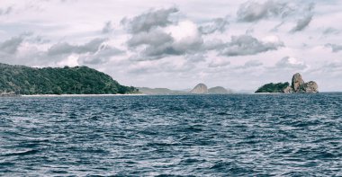 Filipinler 'deki bir tekneden El Nido Palawan yakınlarındaki yılan adasından güzel bir panorama kıyısı denizi ve kaya 