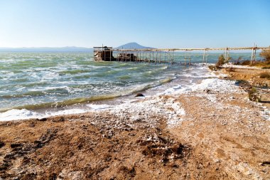 danakil Etiyopya'da Afrika trebuchet köpük tuzlu göl ve kıyı şeridi Hill'de balıkçılık için