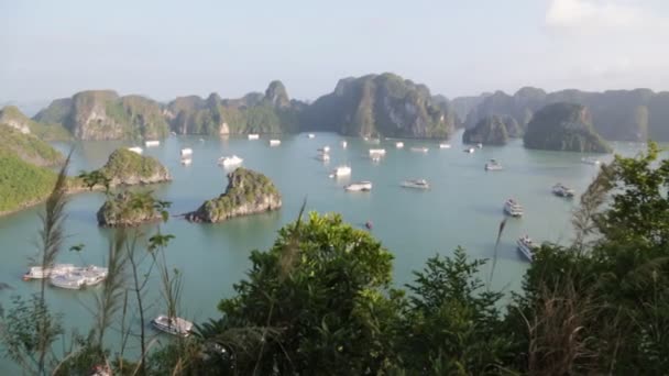Beelden Van Toeristische Boten Tussen Groene Bergen Vietnam — Stockvideo