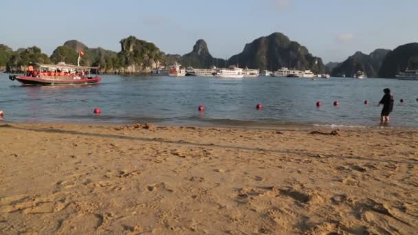 Imágenes Barcos Turísticos Entre Montañas Verdes Vietnam — Vídeos de Stock