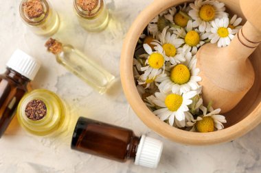 Tıbbî papatya çayı ve papatya çayı özü şişede. Papatya çiçeklerinden yağ. Aromaterapi. Bir uyuşturucu. Hafif beton bir masada. en üstteki görünüm.