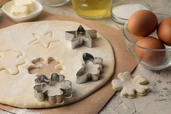 Making Delicious Cookies Cookie Cutters Dough Baking Ingredients Dough Eggs — Stock Photo, Image