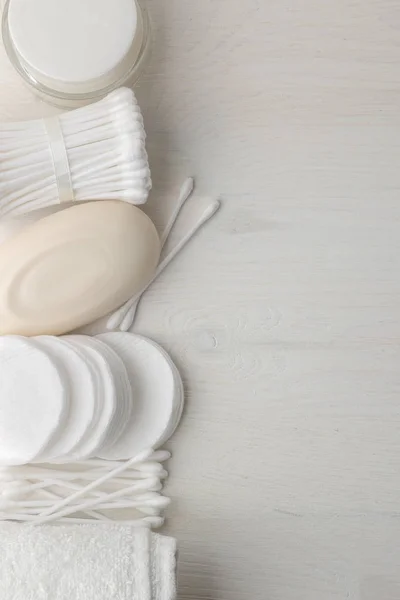 Various Personal Care Products Cotton Pads Sticks Soap Towel White — Stock Photo, Image