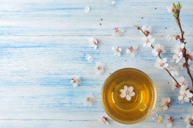Çiçek açan dal. Bahar çiçekleri ve mavi ahşap arka planda bir fincan çay. en üstteki görünüm