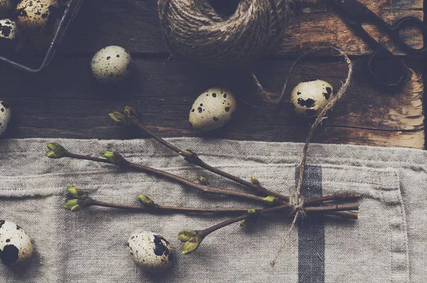 Liście wiosną i jaj przepiórczych na obrus lniany — Zdjęcie stockowe