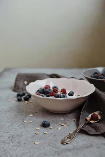 Frukost Med Hemlagad Keso Med Färska Blåbär Och Hallon — Stockfoto