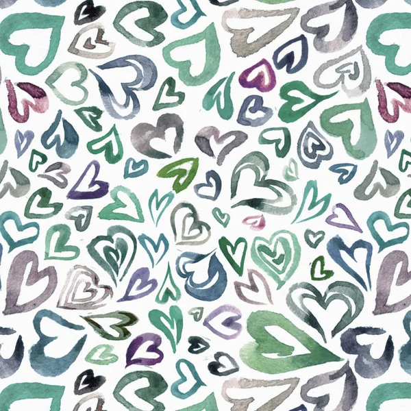 Aquarel Kleurrijke Harten Patroon Geïsoleerde Witte Achtergrond Ontwerp Voor Ansichtkaarten — Stockfoto