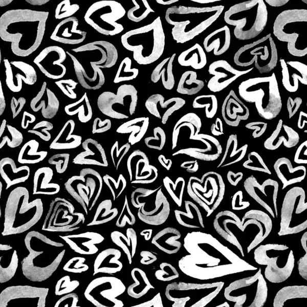 Pattern Watercolor White Hearts Black Background — Stock Photo, Image