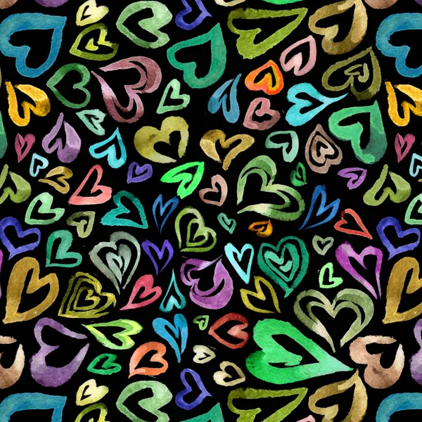 Akvarell Färgade Hjärtan Mönster Isolerad Svart Bakgrund Design För Vykort — Stockfoto