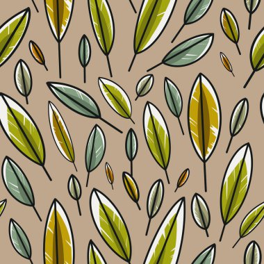 Colorful pattern of leaves isolated on a brown background. Seamless feather pattern.