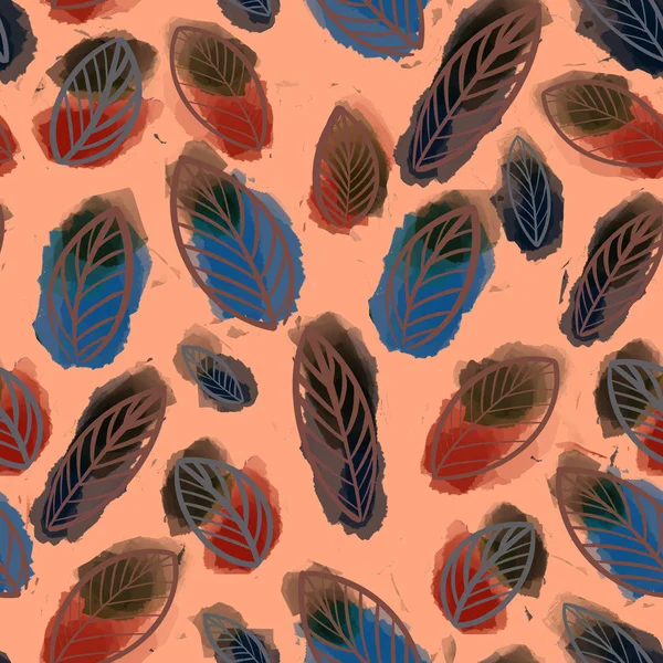 Watercolor seamless pattern abstract leaves on a orange background