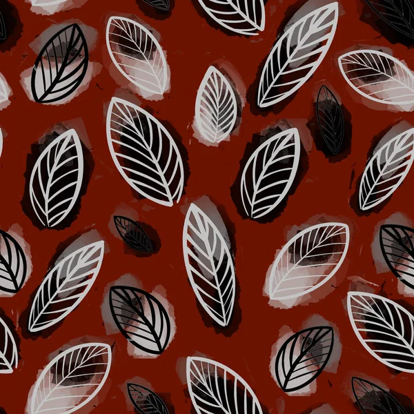 Akvarell Sömlös Mönster Abstrakta Blad Röd Bakgrund — Stockfoto