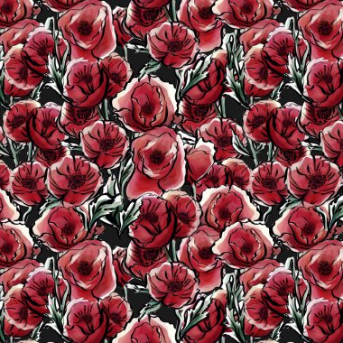 Siyah arkaplanda izole edilmiş suluboya desensiz kırmızı çiçekler