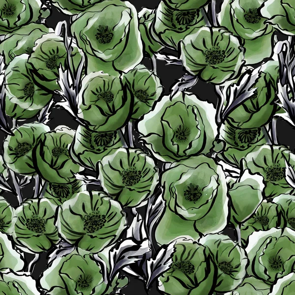 Безшовний Акварельний Візерунок Зелені Квіти Ізольовані Чорному Фоні — стокове фото