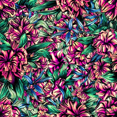 Elle çizilmiş suluboya, pembe çiçekli kusursuz desen.