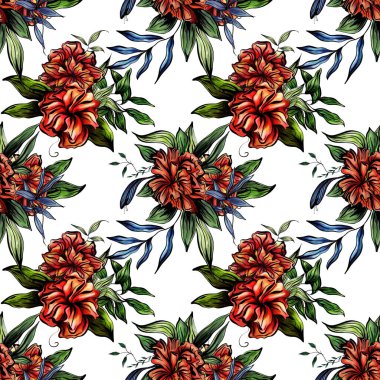 Beyaz arka planda kırmızı çiçekli el yapımı suluboya desenler.