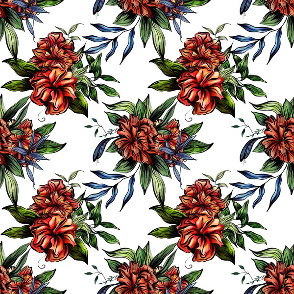 Hand-drawn watercolor seamless pattern with red flowers on a white background
