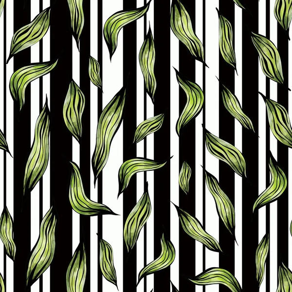  hand-drawn watercolor seamless pattern with leaves on a striped background