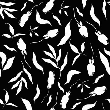 Kusursuz soyut beyaz botanik desen siyah arkaplanda bırakır