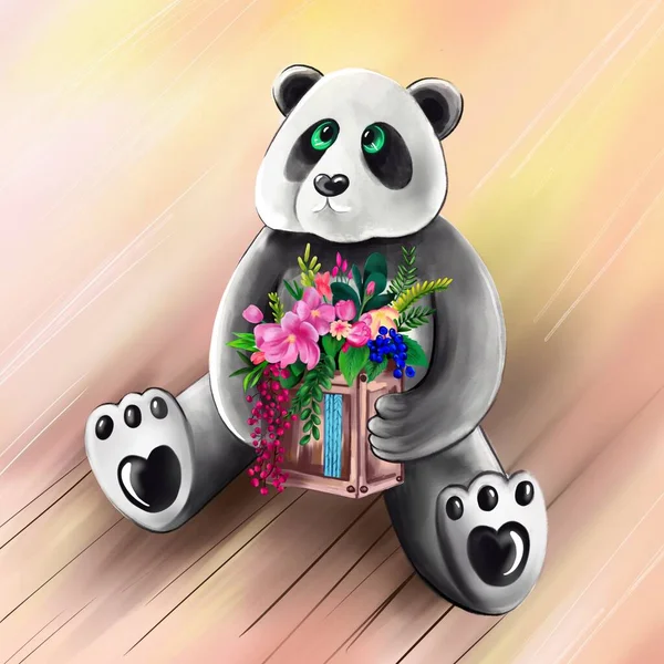 Illustratie Van Een Panda Met Bloemen Ontwerp Voor Wenskaarten Cadeaupakketten — Stockfoto
