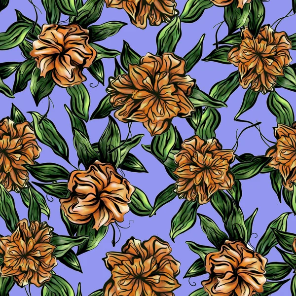 Botaniczny Wzór Pomarańczowe Róże Niebieskim Tle Piękny Bezszwowy Wzór Kwiatów — Zdjęcie stockowe