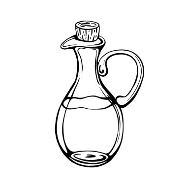 El yapımı zeytinyağı şişesi beyaz arka planda izole edilmiş. Ekstra saf zeytinyağı. Eski tarz. Doodle biçiminde vektör illüstrasyonu