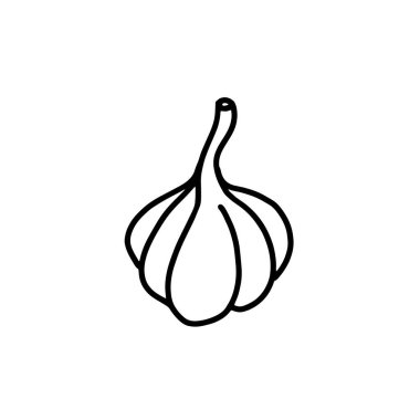 Beyaz arka planda el yapımı sarımsak kafa izole edilmiş. Sebzeler, baharatlar, vejetaryen yemekler. Doodle biçiminde vektör illüstrasyonu.