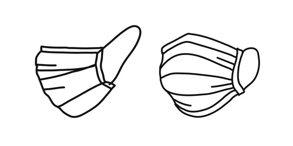 Un conjunto dibujado a mano de máscaras médicas aisladas sobre un fondo blanco en un estilo Doodle. Máscara para la protección respiratoria Ilustración vectorial dibujada a mano — Vector de stock