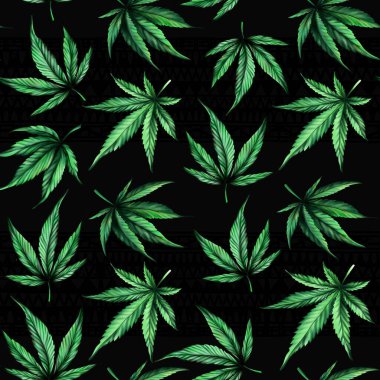 Siyah bir arka plandaki pürüzsüz kenevir yaprağı deseni. Marihuana deseni.