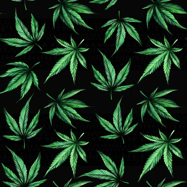 Siyah bir arka plandaki pürüzsüz kenevir yaprağı deseni. Marihuana deseni.