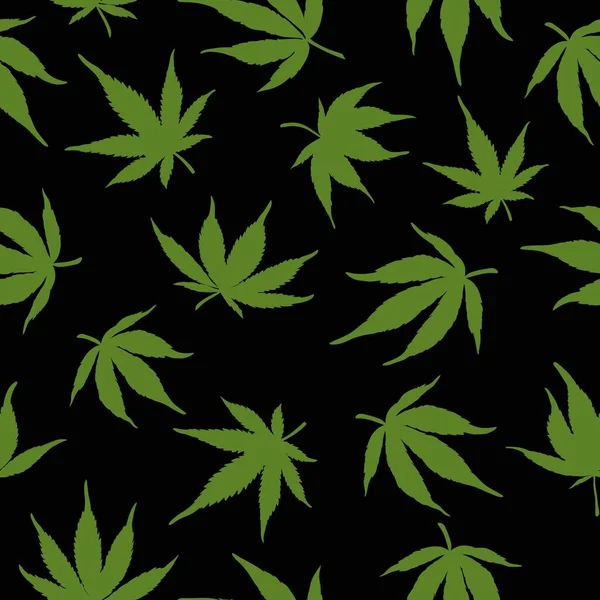 緑の大麻のシームレスなパターンは黒の背景に残します。黒の背景に緑の麻の葉。 — ストックベクタ
