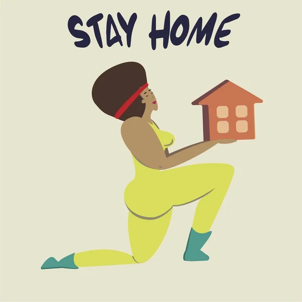 Reste à la maison. Une Africaine tient une maison dans ses mains.Un appel à rester à la maison pendant la pandémie. Quarantaine, reste à la maison. La santé. Illustration vectorielle en style plat . — Image vectorielle