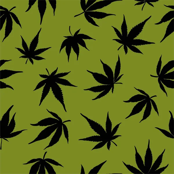 Modello senza cuciture di canapa nera su uno sfondo verde. Uno schema di marijuana. Illustrazione vettoriale . — Vettoriale Stock