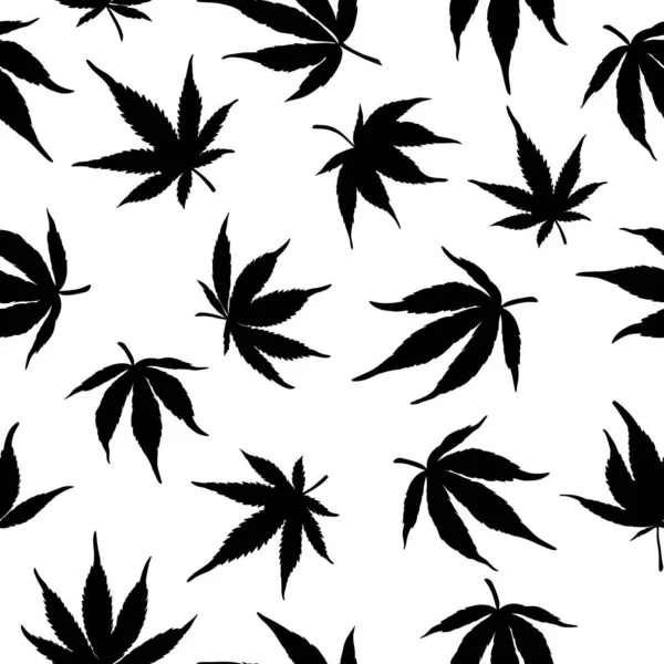 Nahtloses Muster aus schwarzem Hanf auf weißem Hintergrund. Marihuana-Muster. Vektorillustration. — Stockvektor