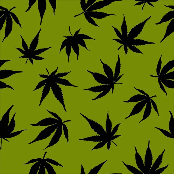 Nahtloses Muster aus schwarzem Hanf auf grünem Hintergrund. Marihuana-Muster. Vektorillustration. — Stockvektor