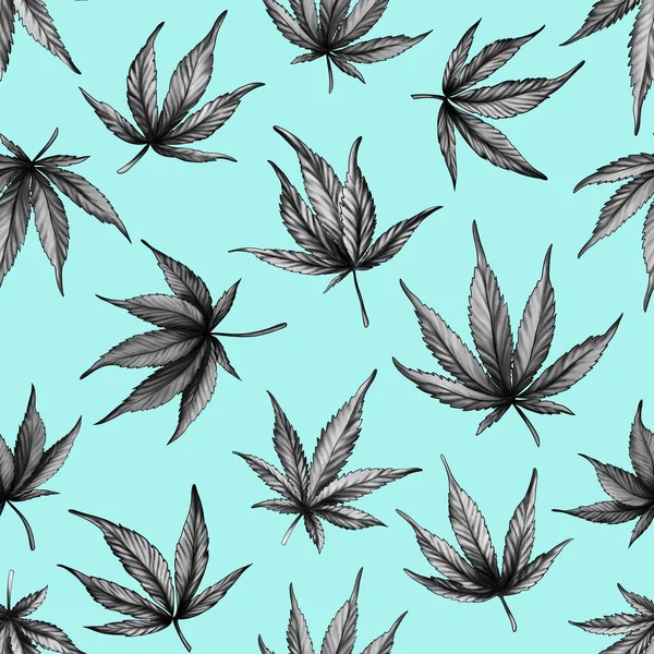 Met de hand getekend Naadloos cannabispatroon op een blauwe achtergrond. Zwart-witte hennepbladeren op een blauwe achtergrond Botanische illustratie van cannabis — Stockfoto