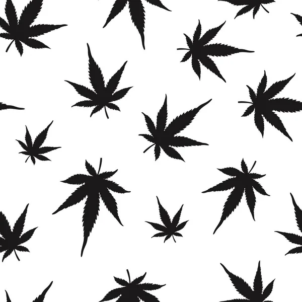 Nahtloses Muster aus schwarzem Hanf auf weißem Hintergrund. Marihuana-Muster. Vektorillustration. — Stockvektor