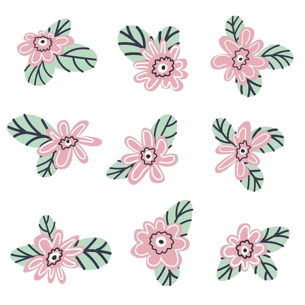 Vector set van roze bloemen geïsoleerd op een witte achtergrond.Botanische illustratie in de Doodle stijl. — Stockvector