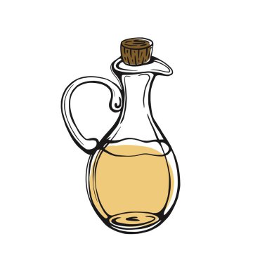 El yapımı zeytinyağı şişesi beyaz arka planda izole edilmiş. Ekstra saf zeytinyağı. Eski tarz. Doodle biçiminde vektör illüstrasyonu