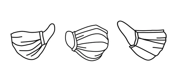 Een met de hand getekende set van medische maskers geïsoleerd op een witte achtergrond in een Doodle stijl.Masker voor ademhalingsbescherming Handgetekende vectorillustratie — Stockvector