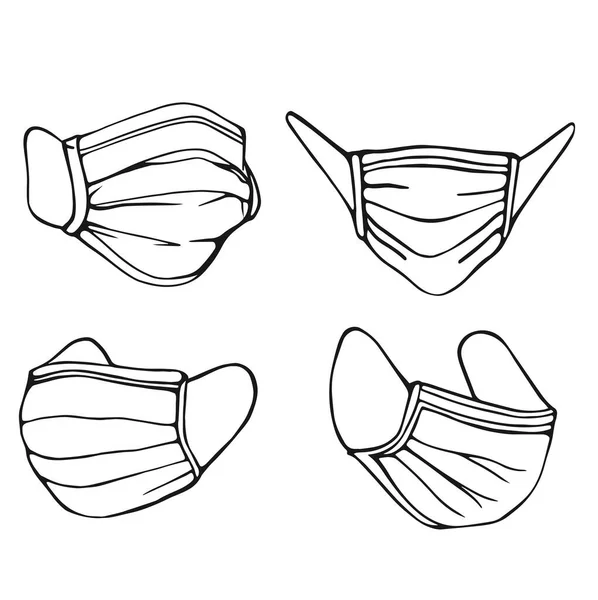 Um conjunto desenhado à mão de máscaras médicas isoladas em um fundo branco em um estilo Doodle.Máscara para proteção respiratória ilustração vetorial desenhada à mão — Vetor de Stock