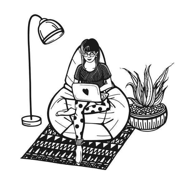 La pigiste travaille à la maison. Une fille travaillant à la maison pendant la pandémie de coronavirus. Affaires en ligne. Travail de bureau à domicile illustration vectorielle moderne dans le style Doodle. Travail à distance. Intérieur confortable de la maison — Image vectorielle