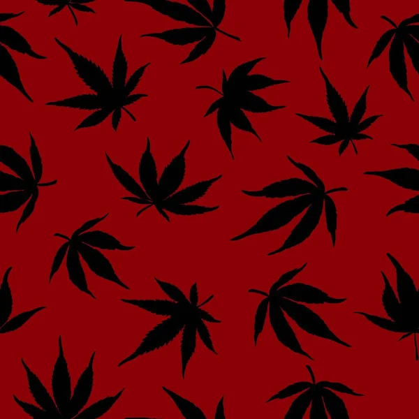 Nahtloses Muster aus schwarzem Hanf auf rotem Hintergrund. Muster von Marihuana. Schwarzer Hanf geht aus.Vektorillustration. — Stockvektor