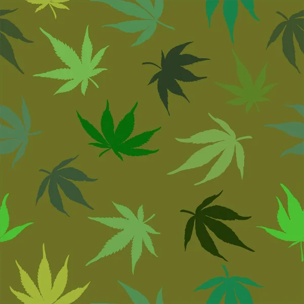 Naadloos patroon van groene cannabisbladeren op een bruine achtergrond. Groene hennepbladeren. Vector illustratie.Het naadloze cannabisbladeren patroon. — Stockvector